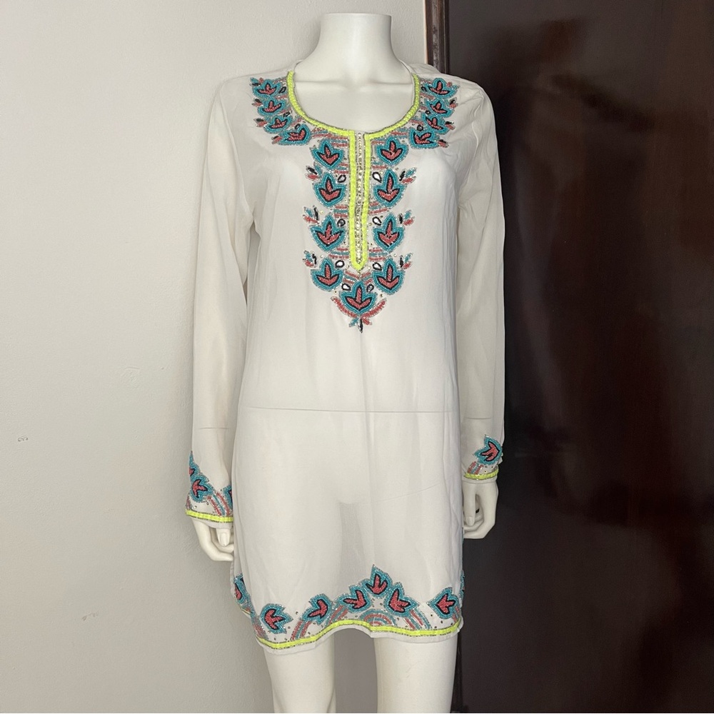 Embroidered White Tunic Dress, Elegant Beach Pool Cover Up NWT